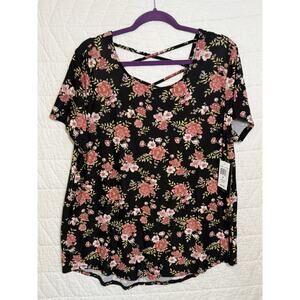 Planet Gold NWT Womens Plus Size 2X black floral Print Knit Top